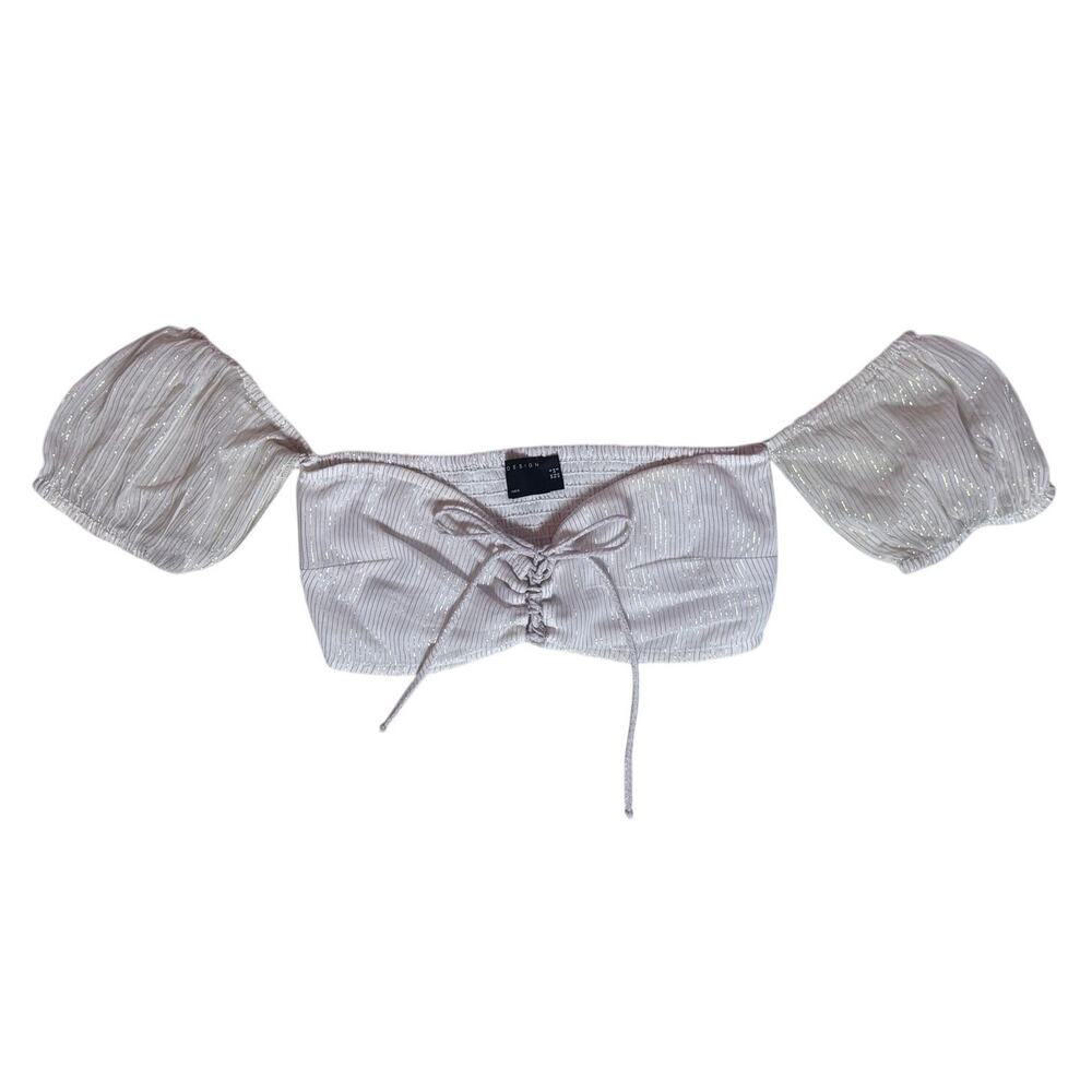 ASOS Puff Sleeve Metallic Striped Crop Top Stretch Bra Top Size 2 Cream Gold